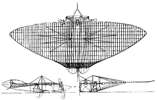 Alphonse Pénaud designed this monoplane with retractable landing gear and a glass-enclosed cockpit in 1876. It was never built.