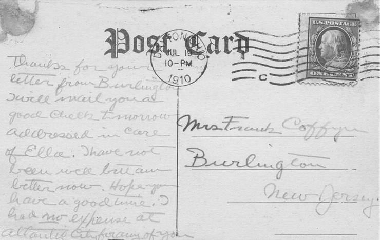 Reverse of postcard (addressed to Mrs. Frank Coffyn)