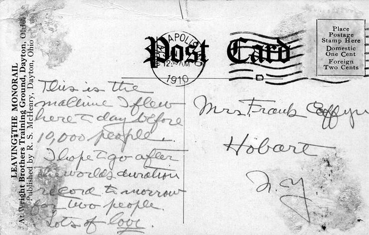 Reverse of postcard #146 (addressed to Mrs. Frank Coffyn).  Notes occasion of Coffyn's first solo flight.