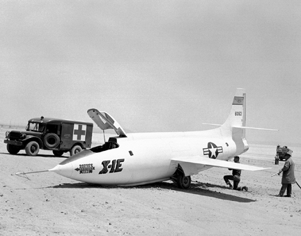 X-1E on Rogers Dry Lake with collapsed nose gear