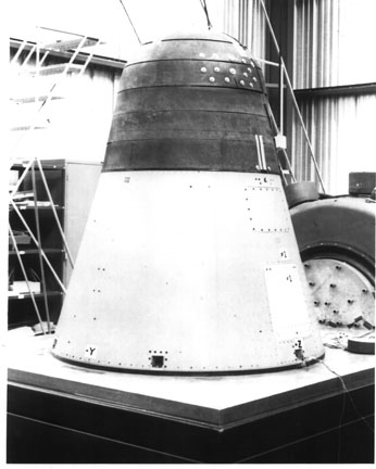 View of the exterior of a KH-1, 2, or 3 CORONA satellite. The Satellite Recovery Vehicle (SRV) is visible at the top.
