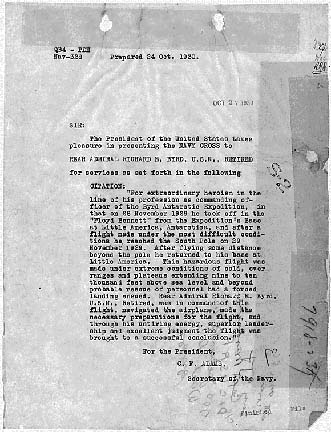 Citation presenting the Navy Cross to Richard Byrd