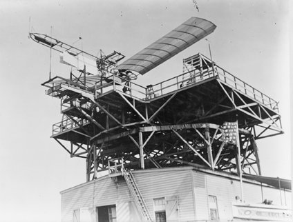 Catapulting of the Langley aerodrome from a specially constructed houseboat on the Potomac River near Quantico, Virginia, in 1903.