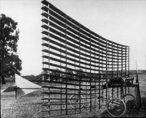 Horatio Phillips designed this man-carrying aircraft in 1904. It was his third model and had 20 wings. It managed a shop "hop" of about 50 feet