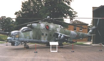 This Mil Mi-24 Hind-D Soviet heavy attack helicopter is on display at the Imperial Museum in Duxford, England
