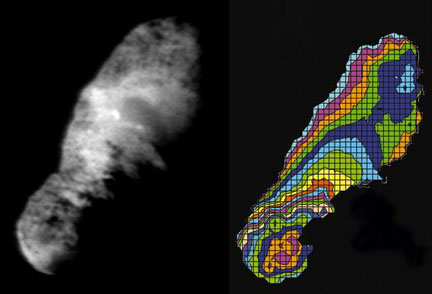 Comet Borrelly and its topographical map (right) (Deep Space-1 mission)